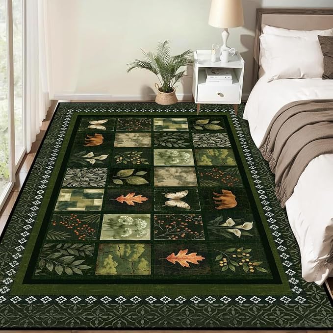 4'x6' Vintage Green Botanical Area Rug Non-Slip Washable Nature Patchwork Carpet Boho Floor Mat Rugs for Bedroom Living Room Nursery Kitchen Playroom Home Decor
