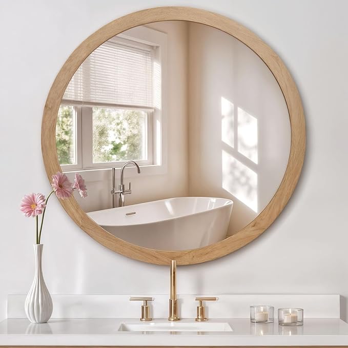 ARIEL Round Wooden Mirror 36" in Natural Oak, Wood Circle Wall Mirror for Bathroom, Vanity, Entryway & Living Room Decor, Farmhouse Style