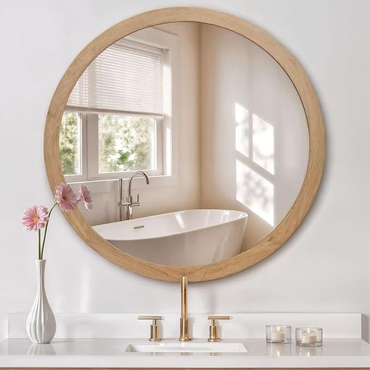 ARIEL Round Wooden Mirror 36" in Natural Oak, Wood Circle Wall Mirror for Bathroom, Vanity, Entryway & Living Room Decor, Farmhouse Style