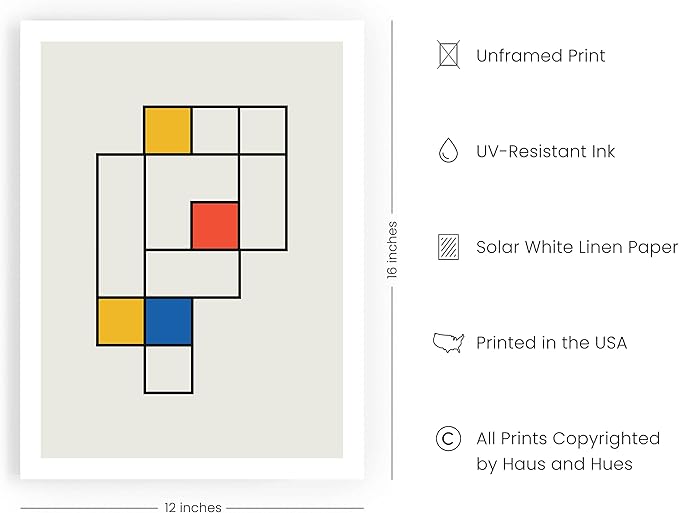 HAUS AND HUES Bauhaus Modern Colorful Abstract Wall Art - Retro Mondrian Poster, Mid Century Modern Wall Art Work, Abstract Art, Retro Poster, Mid Century Wall Art (Unframed, 12x16)