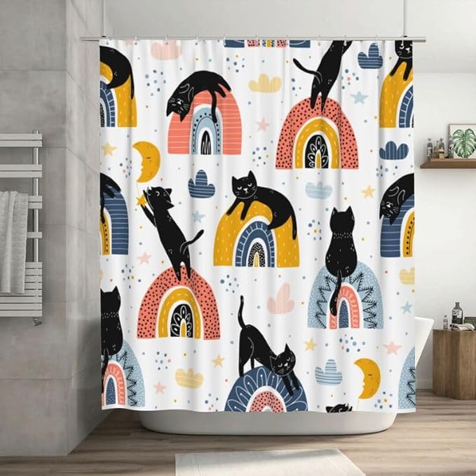 Boho Cats Shower Curtain Colorful Rainbow Black Cats Fantasy Pattern Duty Fabric Shower Curtains Set Bathroom Polyester Waterproof with 12 Hooks, 66x72Inch（168x183cm）