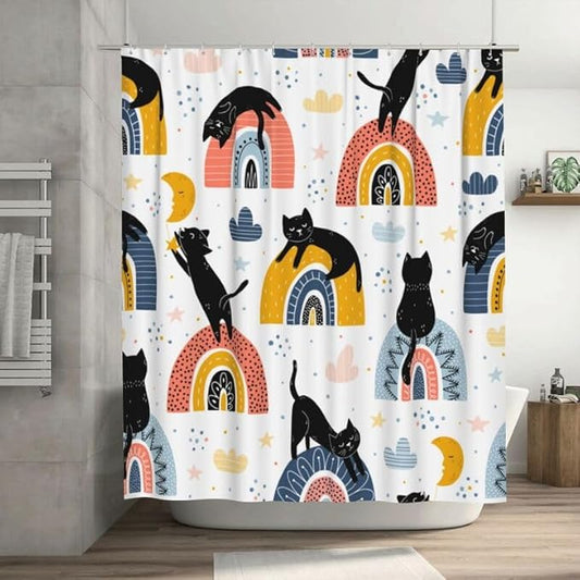 Boho Cats Shower Curtain Colorful Rainbow Black Cats Fantasy Pattern Duty Fabric Shower Curtains Set Bathroom Polyester Waterproof with 12 Hooks, 55x72Inch（140x183cm）