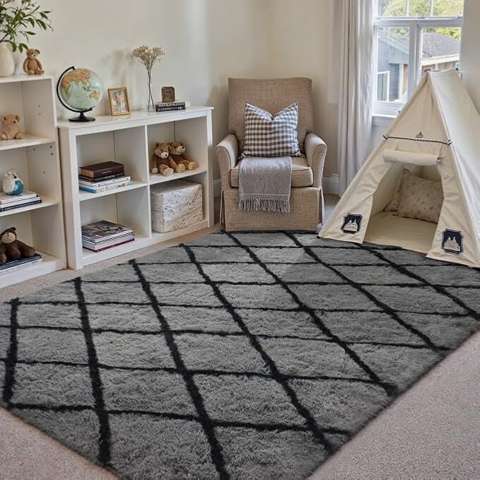 4x6 Checkered Rug for Living Room Grey and White Modern Soft Area Rug Fluffy Non-Slip Carpet for Bedroom Playroom Home Aesthetic Decor
