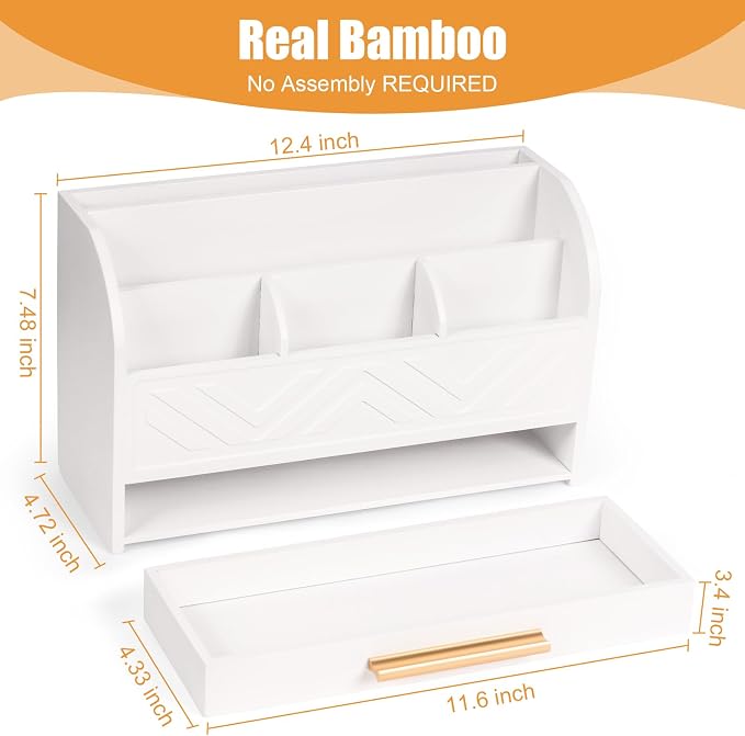 Charmewooden White Desktop Organizer with Drawer Storage, White Desk Organizer Mail Holder Mail Organizer Countertop Pen Holder Letter Sorter Make up Organizer for School Home Office Supplies