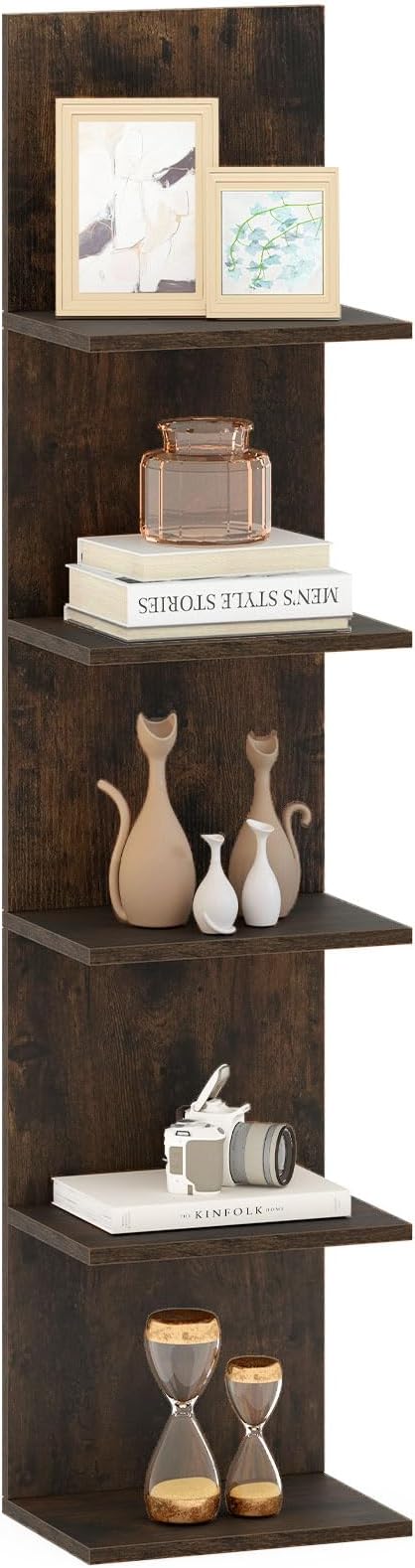 LOKO 5-Tier Wall Shelf, Vertical Column Storage Organizer with Expansion Screws, Decorative Wall Mounted Shelving, Floating Wooden Display Shelf for Living Room, Kitchen, Bathroom (1,Rustic Brown)