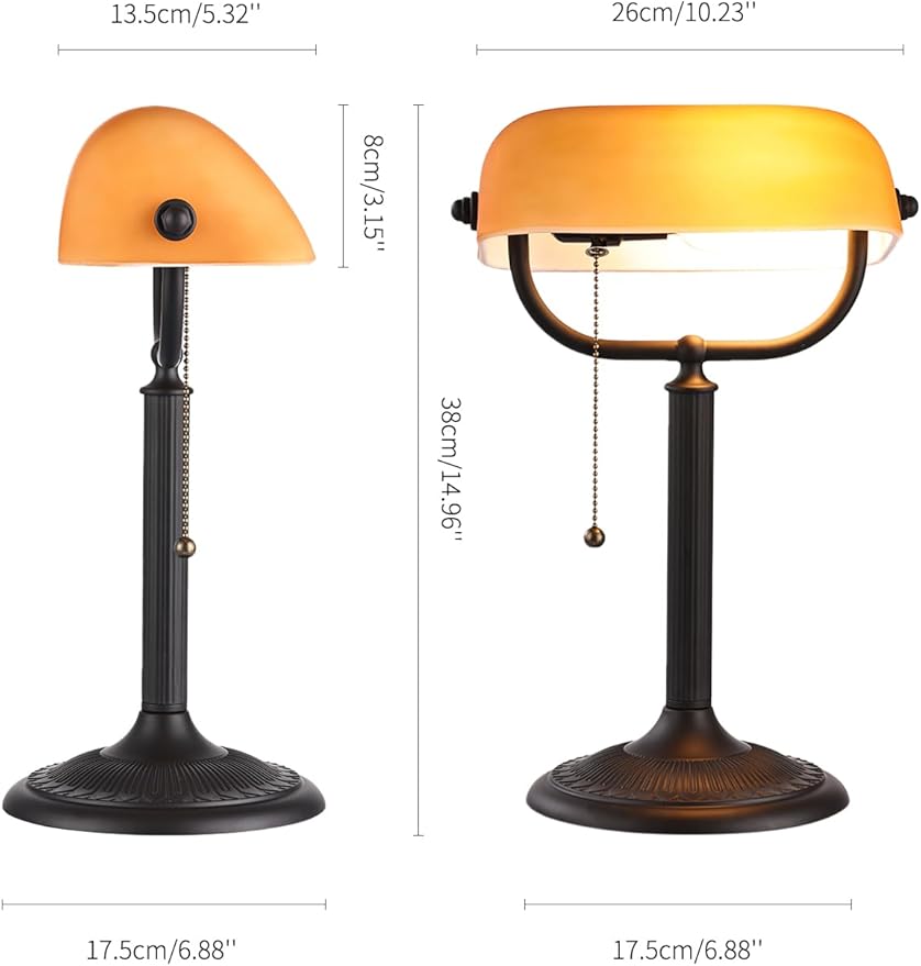 1-Minute Quick-Change Shade Antique Matted Amber Glass Bankers Desk Lamp,Plug in Fixture for Study, Office, Library,LED Bulb Included
