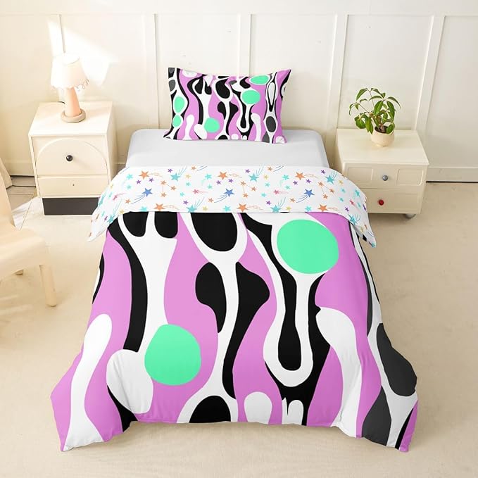 Organic Geometric Duvet Cover Set Modern Abstract Girl Toddler Bedding Set for Kids Teens Child Retro Mid Century Comforter Cover Modern Fluid Art Irregular Circles Bed Sets,Lavender Green