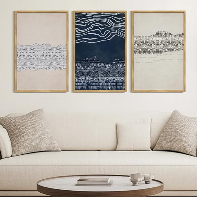 KUVIOKE Navy Blue Abstract Shapes Framed Canvas Wall Art Minimalist Wooden Pastel Boho Wall Decor Modern Neutral Farmhouse Rustic Art Painting for Bedroom Dining Room 24x36in (Natural Framed)