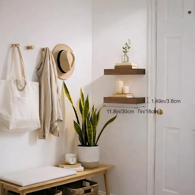 Bathroom Floating Shelves for Wall, Walnut Small 11.8" Floating Shelf for Storage, Display and Farmhouse Rustic Home Decor, Perfect Over Toilet for Bedroom, Kitchen or Living Room, 2-Pack