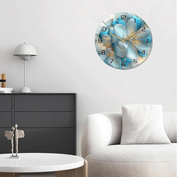 16 Inch Blue Floral Glass Wall Clock Silent Modern Art Decor | Silent glossy wall clock with 3D blue florals and jewel accents, elegantly tracking time for your living room or bedroom