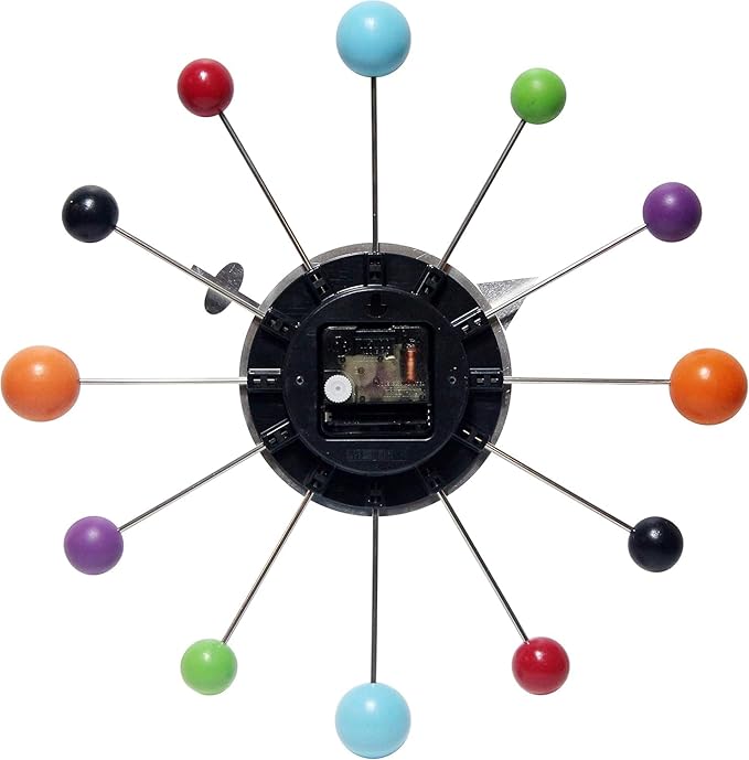 Infinity Instruments Orb Spoke Midcentury Modern 15 inch Retro Starburst Ball Wall Clock Quiet Quartz Movement Mid Century Decorative, Multi, Multicolor