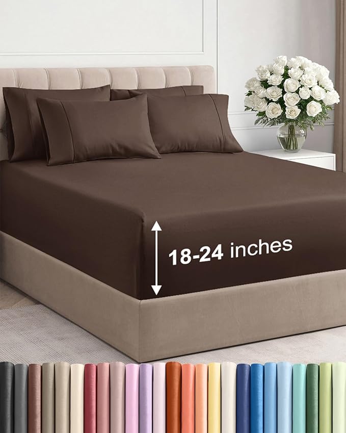 Extra Deep Full Sheet Set - 6 Piece Breathable and Cooling Sheets - Hotel Luxury Bedding for Women, Men, Kids & Teens - Easy & Secure Fit - Soft, Wrinkle Free and Comfy - Extra Deep Pockets - Brown