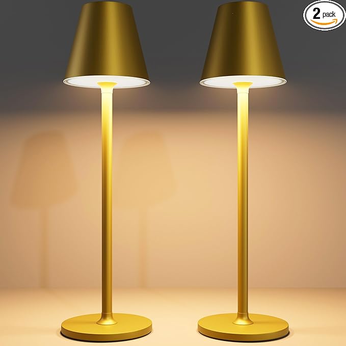 2-Pack Cordless Table Lamps - 5000mAh Rechargeable Battery Operated Desk Lamp, 3-Level Dimmable LED Night Light for Bedroom, Dining, Restaurant - Metal Design (Bronze 2PACK)