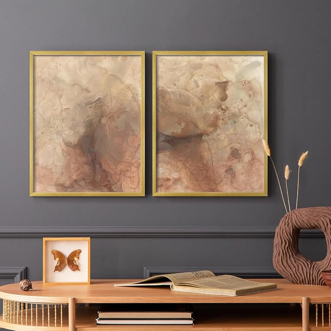 Renditions Gallery Set of 2 Peel & Stick Framed Prints, Abstract Wall Art, Brown Textured Marble Design Re-Stickable - Ready to Hang - 8"x10" - GOLD Frame LT588