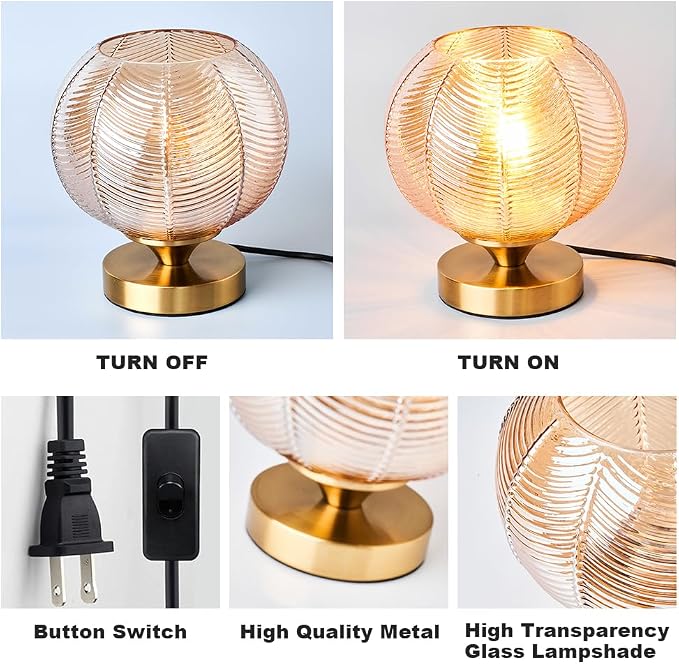 Mid-Century Modern Glass Table Lamp 3 Brightness Levels Dimmable Touch Control Desk Lights with Plug in Cord On/Off Switch, Globe Decor Nightstand Lamps for Bedroom Living Room Office (Amber)