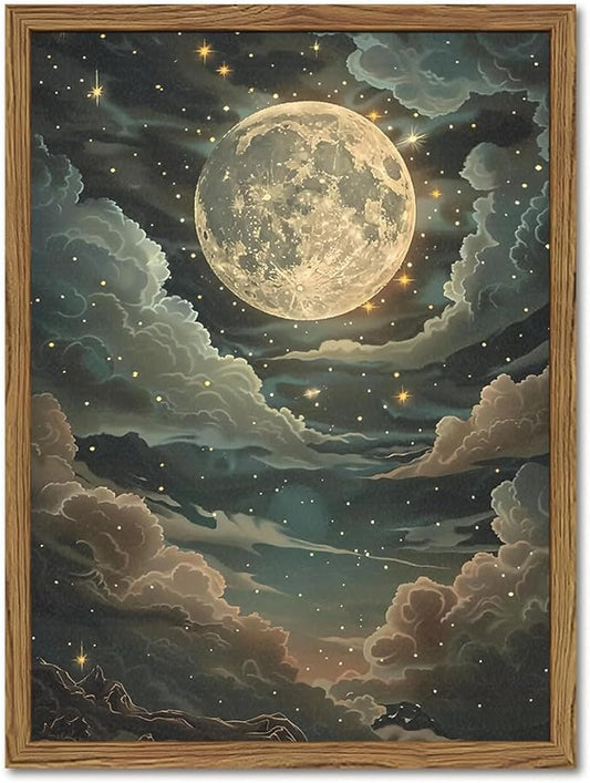 Dark Mystical Moon Wall Art Vintage Cottagecore Celestial Wall Decor Picture Moody Night Cloud Sky and Star Poster Canvas prints for Living Room Bedroom 12x16 inch Wood Framed