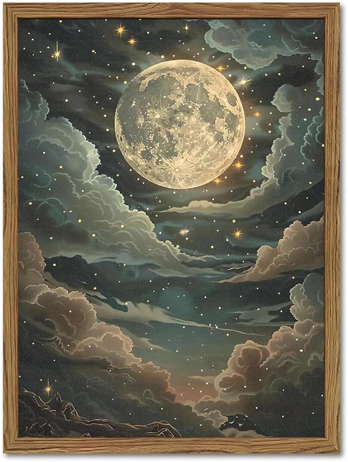 Dark Mystical Moon Wall Art Vintage Cottagecore Celestial Wall Decor Picture Moody Night Cloud Sky and Star Poster Canvas prints for Living Room Bedroom 16x24 inch Wood Framed