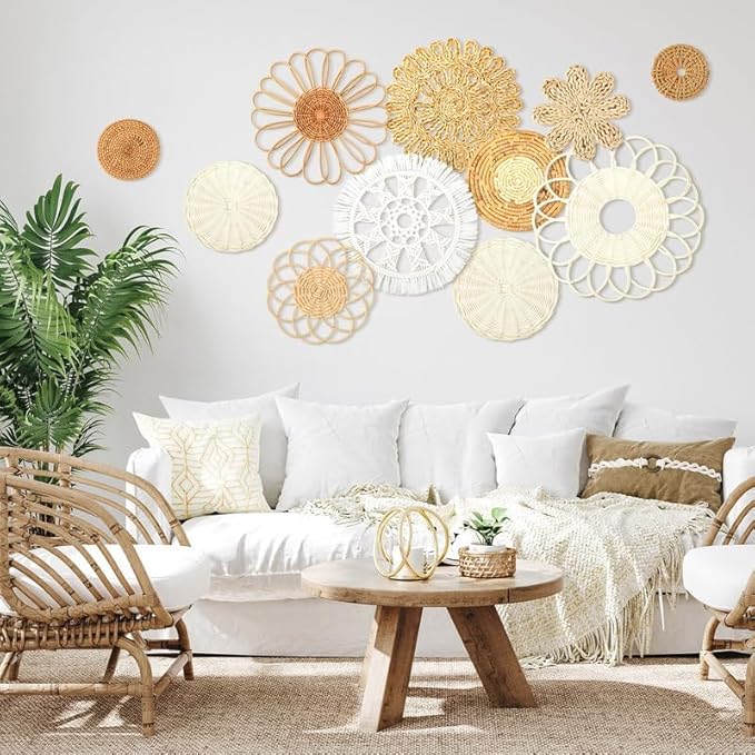 Tatuo 11 Pcs Boho Wall Basket Decor Decorative Bulrush Woven Basket Wall Decor Art Round Farmhouse Hanging Baskets for Kitchen Rustic Home Summer Decorations, Multi Sizes(Novel)