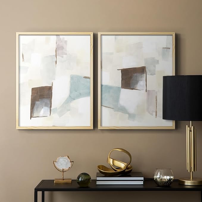 Renditions Gallery Set of 2 Peel & Stick Framed Prints, Abstract Wall Art, Minimalist Color Block Brush Strokes Wall Decor, Re-Stickable - Ready to Hang - 22"x28" - NATURAL WOOD Frame LT588