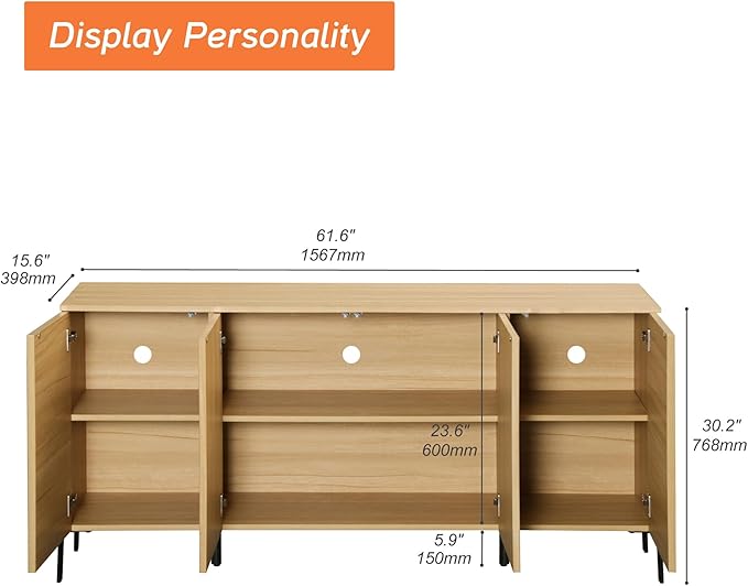 WAMPAT Fluted Buffet Cabinet with Storage, 61.5" Large Sideboard Cabinet with Storages, Modern Buffet Table Coffee Bar Wine Bar Storage Organizer with 4 Doors for Kitchen, Dining Room, Hallway, Oak