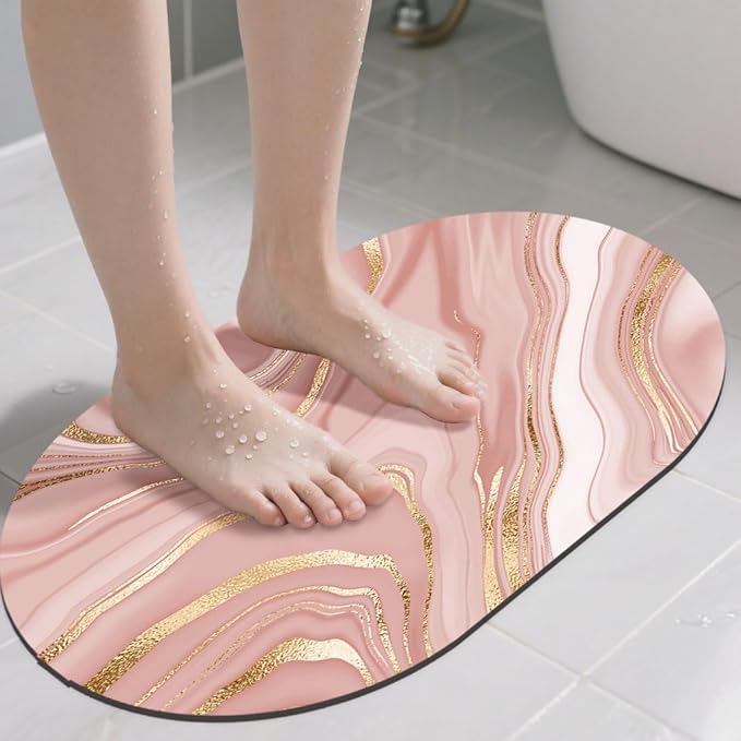 Bathroom Rug Mat Abstract Pink Golden Marble Oval Bath Mat Doormat Absorbent Quick Dry Non Slip Diatom Mud Mat for Shower Tub Sink Laundry Kitchen Doorway 23.6x15.7 Inches