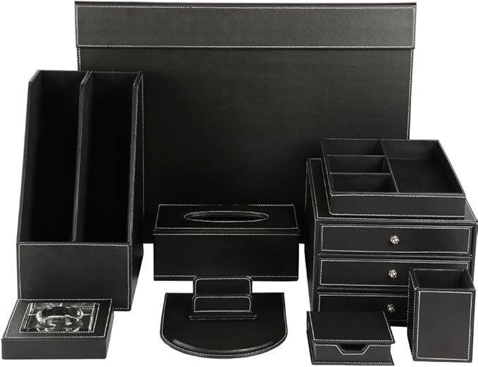 KINGFOM 10-Piece Office Desk Organizer Set, File Holder, Desk Drawer, Memo Paper Holder, Pen Holder, Name Card Holder, Mouse Pad, Desk Pad, Crystal Holder, Tissue Box Holder (T07H)