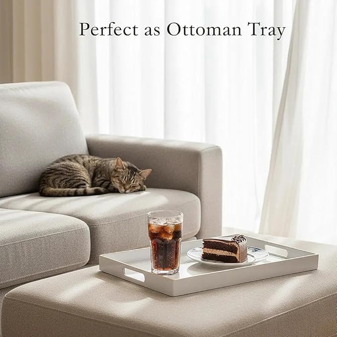 Decorative Plastic Serving Tray with Handles, Modern Vanity Organizer for Bathroom, Kitchen, Ottoman and Coffee Table (White, Rectangular)