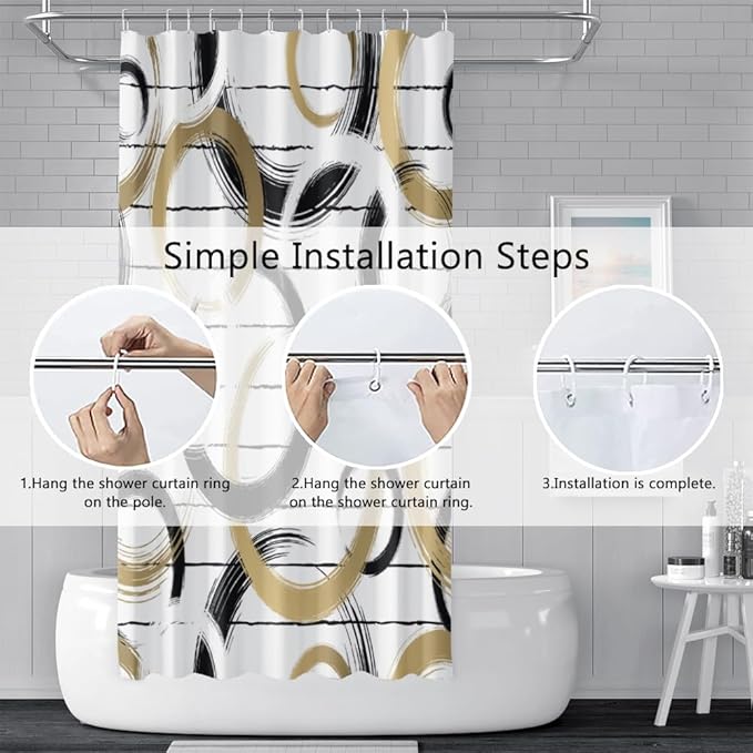 Modern Abstract Style Shower Curtain Black White Round Pattern Geometric Lines Shower Curtains for Art Aesthetic Bathroom Waterproof Fabric Decor Set with Hooks, 72W x 96H Inch