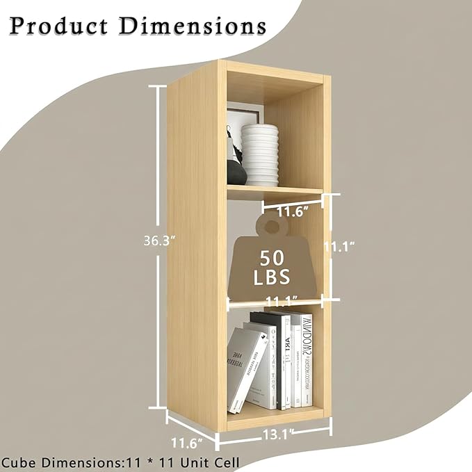 Endearing Limons【2026 Wooden Thick Border】 3 Cube Shelf Storage Organizer with Anti-Tipping Kits + Reversible Open Back Bookcase (11 x 11 Unit Cell Oak)