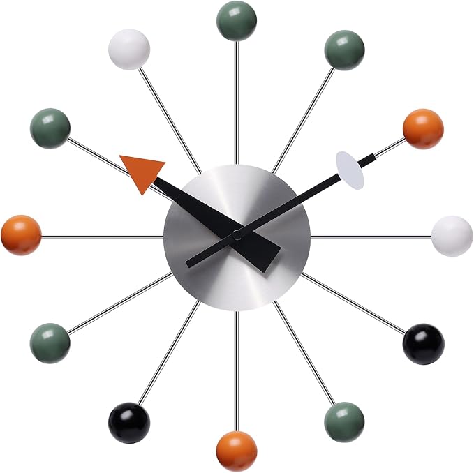 Mid Century Modern Wall Clock Decorative Multicolour Ball Silent Non Ticking Battery Operated 13 Inch Clocks for Living Room Kitchen Office
