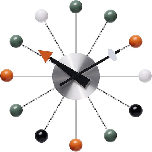 Mid Century Modern Wall Clock Decorative Multicolour Ball Silent Non Ticking Battery Operated 13 Inch Clocks for Living Room Kitchen Office