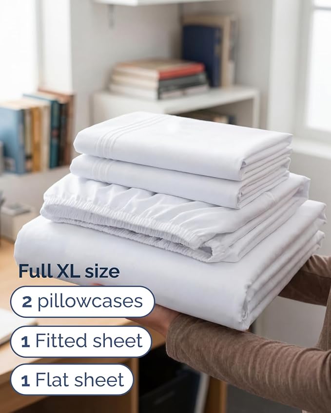 Full XL Bed Sheet - 4 Piece Full XL Bed Sheets Set - Ultra-Soft, Comfy, Breathable & Cooling - Hotel Luxury Bedding for Women & Men with Deep Pockets - Wrinkle Free & Fade Resistant - Oeko-Tex - White