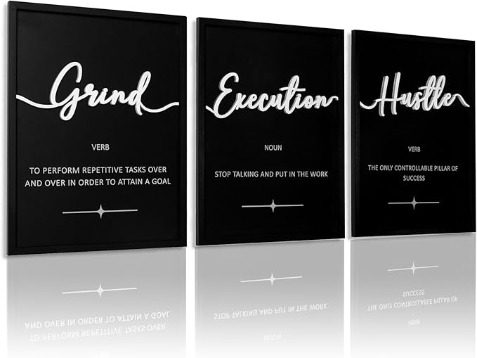 3D Wood Office Wall Art, Framed Grind Hustle Success Inspirational Wall Art, Motivational Wall Decor for Office Bedroom(Ready to Hang, 12x16 inches, Set of 3, Framed)
