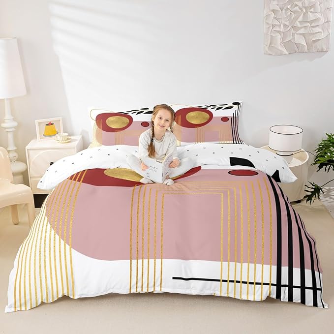 Erosebridal Pink Abstract Boho Duvet Cover Toddler Size Mid Century Modern Comforter Cover Minimalist Aesthetic Neutral Bedding Set Botanical Leaves Simple Bed Set
