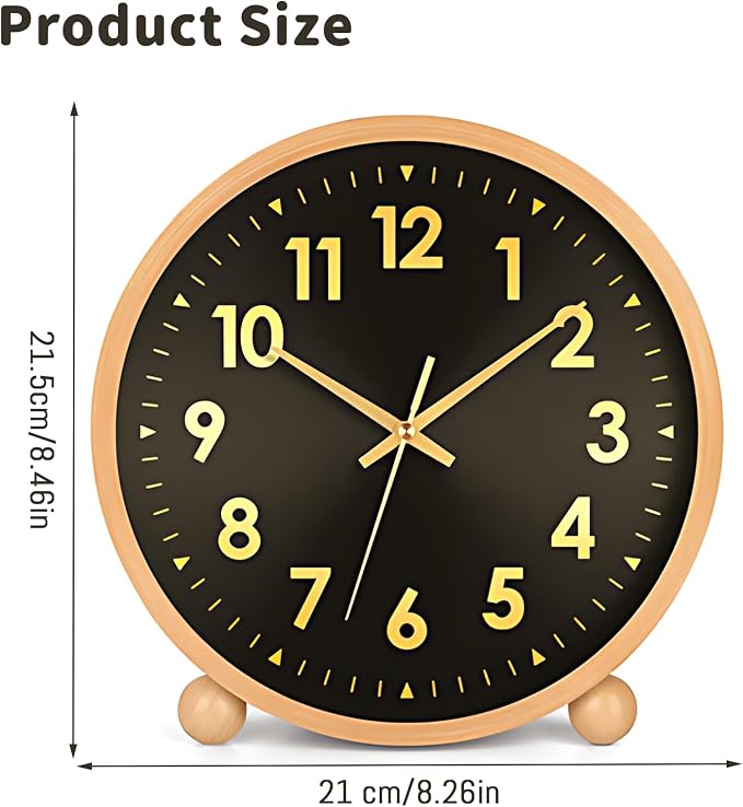 Maxspace Wooden Table Clock,8in Silent Non-Ticking Desk Clock,Battery Operated Desktop Analog Clock for Living Room Office Bedroom Decor (Black Gold - Log, Wooden Ball Base)