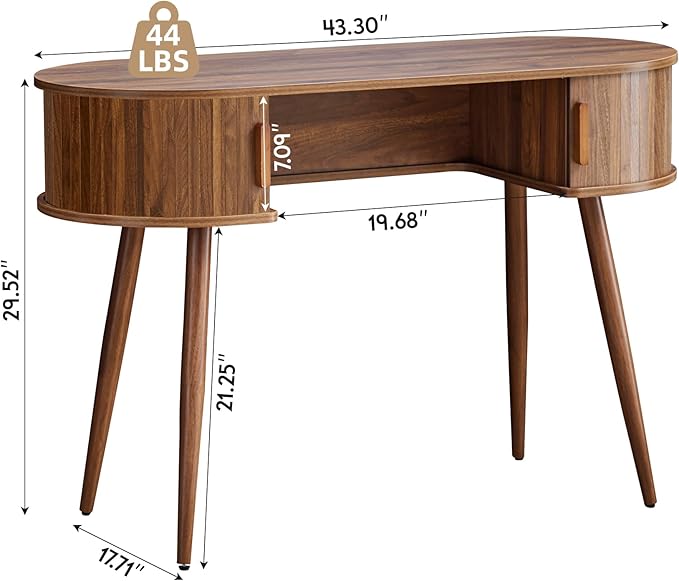 43" Wood Writing Desk with Sliding Door Hide Storage, MCM Home Ofiice Fluted Desk with Unique Design - Make You Leg Free, Small Table with Metal Leg for Study, Vanity, Light-Work (Walnut)
