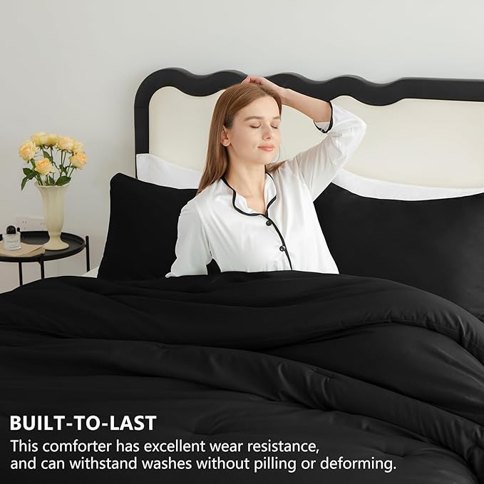 CozyLux Super King Plus Comforter Set Black, 3 Pieces 128"x120" Lightweight Down Alternative Quilted Bedding Set, All Season Soft Breathable Solid Comforter with 2 Pillowcases, Oversized Bed Set Gift