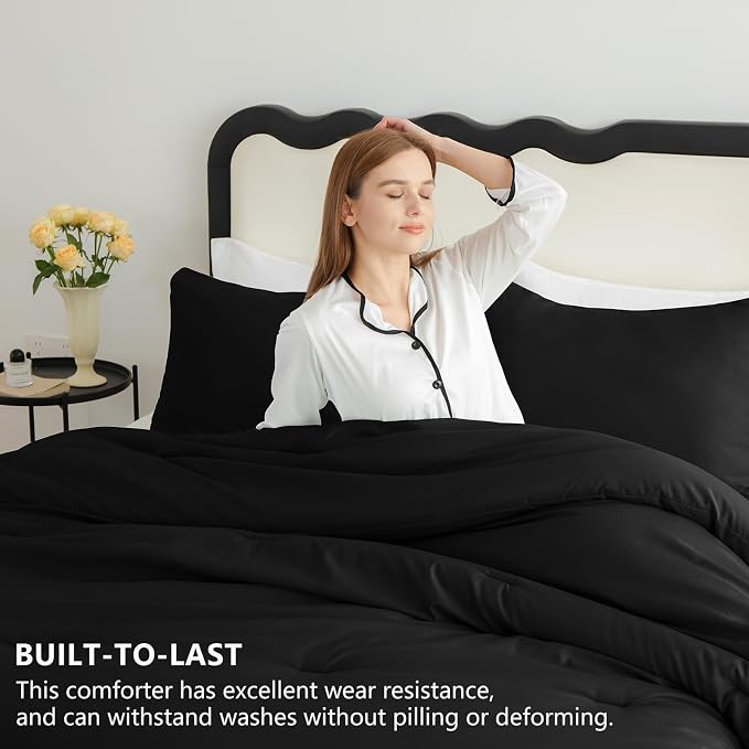 CozyLux Oversized King Comforter Set Black, 3 Pieces 120"x98" Lightweight Down Alternative Quilted Bedding Sets, All Season Soft Breathable Solid Comforter with 2 Pillowcases, Bed Set Gift for Home