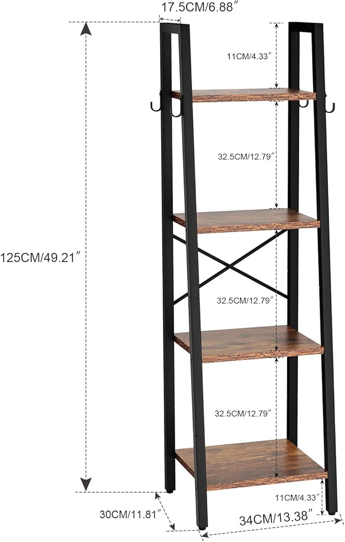 YMYNY 4 Tiers Ladder Bookcase, Industrial Narrow Bookshelf, Open Display Rack with 4 S Hooks, Metal Storage Shelves for Bedroom, Home Office, Living Room, Rustic Brown, 49.2H*13.4L*11.8W, UHBC024H