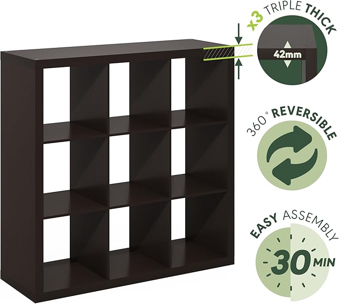 Furinno Cubicle Book Shelf, 9-Cube Bookshelf, Triple Thick Frame Cube Storage Organizer, 1.65" Thick Bookcase, 15.4" x 43.8" x 43.4", for Home Office, Living Room, Black Oak