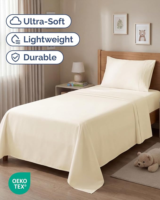 Twin Size 3 Piece Sheet Set - Comfy Breathable & Cooling Sheets - Hotel Luxury Bed Sheets for Women & Men - Deep Pockets, Easy-Fit, Extra Soft & Wrinkle Free Sheets - Off White Oeko-Tex Bed Sheet Set