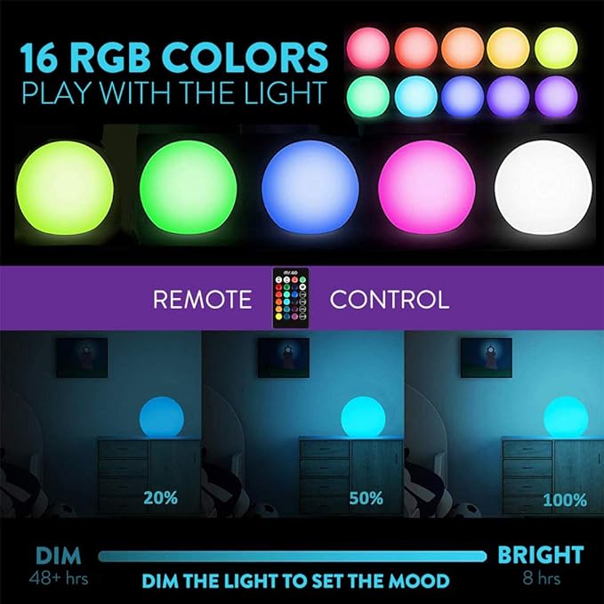 Mr.Go 12-inch Rechargeable LED Ball Light, RGB Color-Changing Globe Orb Lamp w/Remote, Home Kids Room Bedroom Bar Table Patio Pool Party Dimmable Sphere Nightlight Relax Mood Lighting Decoration