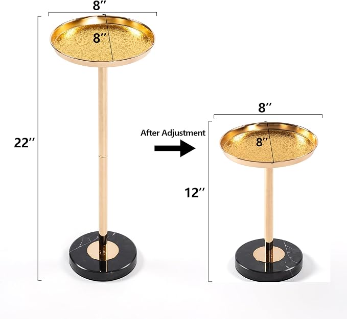 Adjustable Side Table, Small Tea Martini Table, Gold, Natural Marble Decorative Pedestal End Table for Display and Storage (Gold+ Small)