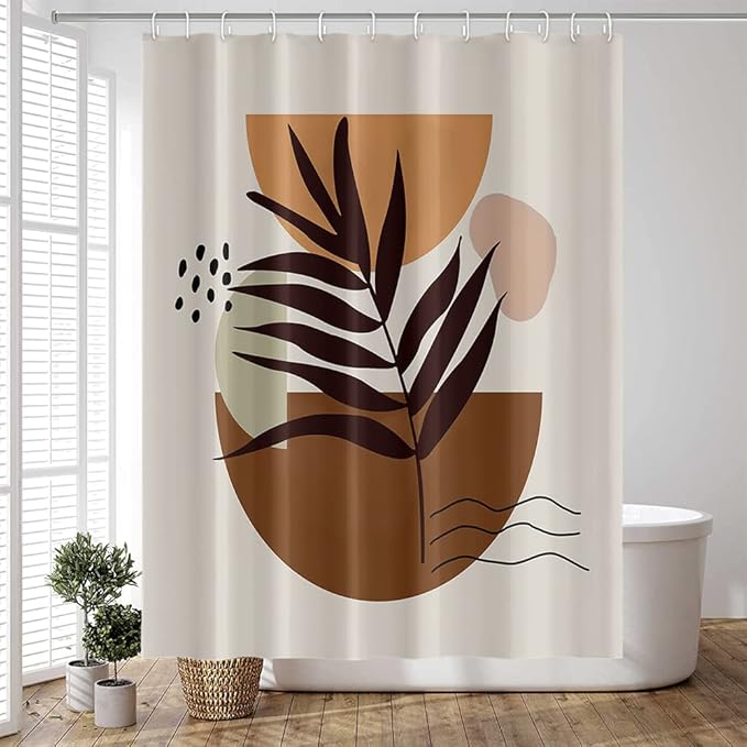 Mid Century Brown Boho Shower Curtain 72x72 Inch Abstract Semicircle Geometric Plant Leaves Sun Modern Minimalist Shower Curtain for Bathroom with Hooks Waterproof Polyester Fabric