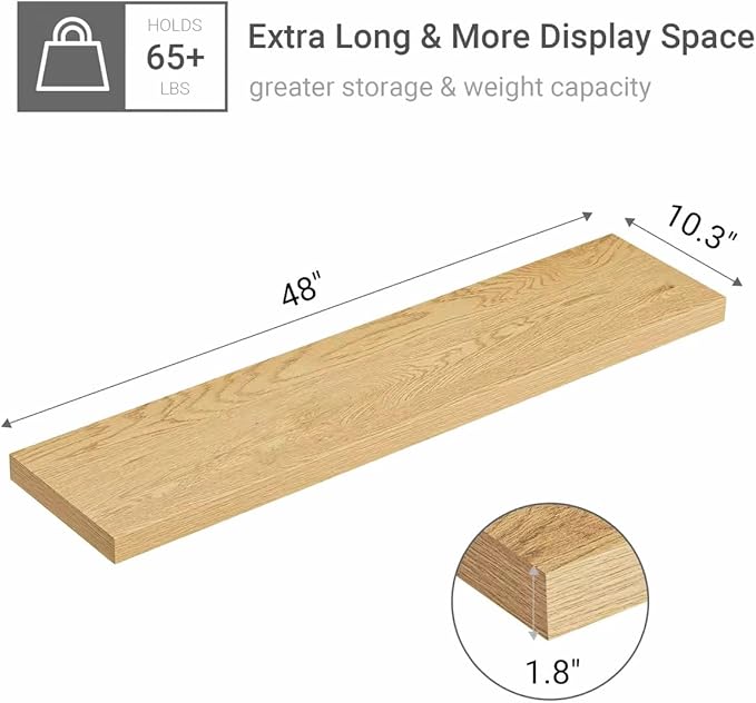 Vivelove Single Floating Shelves Oak 48 Inches, 48 x 10 inch Deep x 1.8 in Thick, Long Wall Shelves Heavy Duty 80 lbs for Bedroom, Living Room, Kitchen, Office, Modern Shelf Book Home Decor