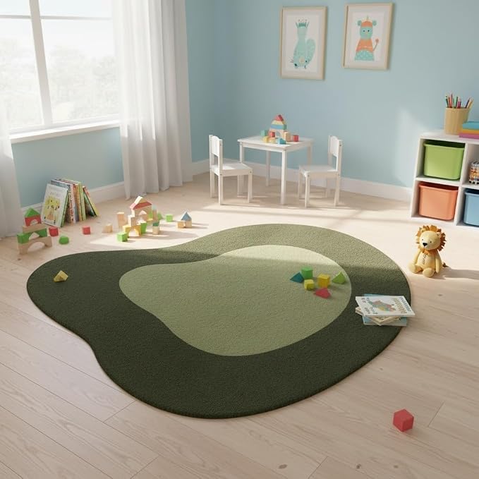 Minimalist Dark Olive Green Irregular Shaped Area Rug for Meetingroom Bedroom Dining Room Contemporary Abstract Irregular Rug 6ft Boho Livingroom Apartment Reversible Non Slip Washable Floor Carpet