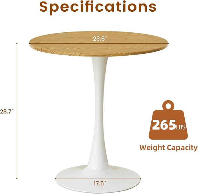 Round Dining Tulip Table for 2, Mid-Century Modern Table with Sturdy Metal Pedestal for Kitchen, Bistro, Cafe, Leisure (Faux Oak, 24 INCH)