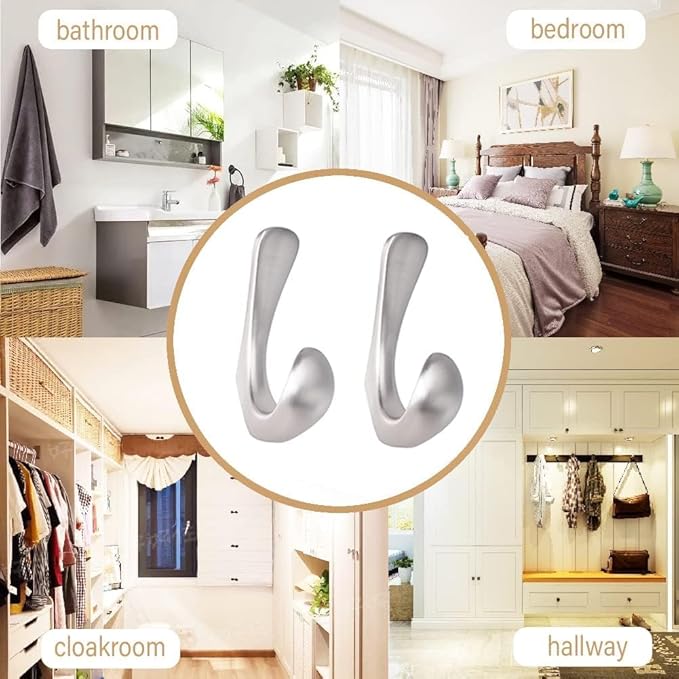 6 Pack Towel Hooks for Bathrooms Wall Mounted, Brushed Nickel Bathroom Hooks for Towels, Robe & Towel Hook for Wall, Modern Bath Towel Hook