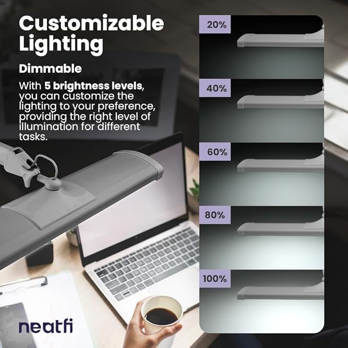 Neatfi LED Desk Lamp, 3,500 Lumens, 3 Light Modes, Dimmable, 45W, 26” Wide Shade, 540 SMD LEDs, Eye-Caring Task Lamp for Reading, Crafting, Workbench, Office (CCT with Clamp, Silver)