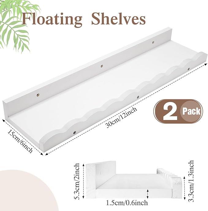 Suzile 2 Pcs Scalloped Shelves Wall Floating Shelves Set for Room, Bathroom, Bedroom, Cute Room Decor Aesthetic and Books, Toys, Photo Frames Storage(12",White)